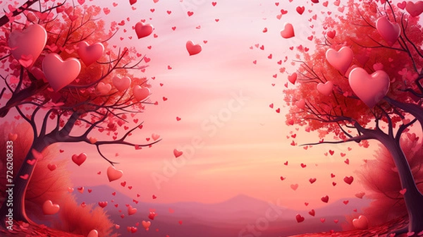 Obraz Trees with red heart shape leaves on branches. Fantasy forest, park on pink background with copy space for text. valentines. 