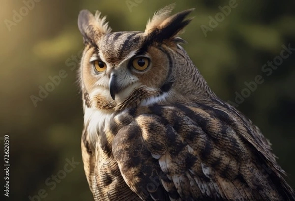 Fototapeta An Eurasian Eagle Owl staring at something out of shot in a woodland setting.