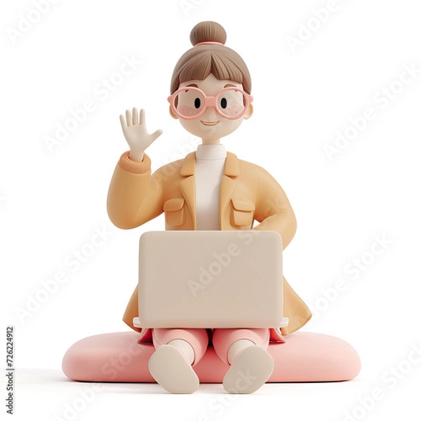Obraz A girl sits with a laptop on her lap and waves her hand. 3D style. Isolated on a white background.
