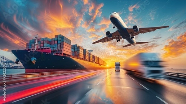 Fototapeta global logistics. multimodal transportation with a cargo ship loaded with containers, a commercial airplane in flight and a truck on a coastal highway
