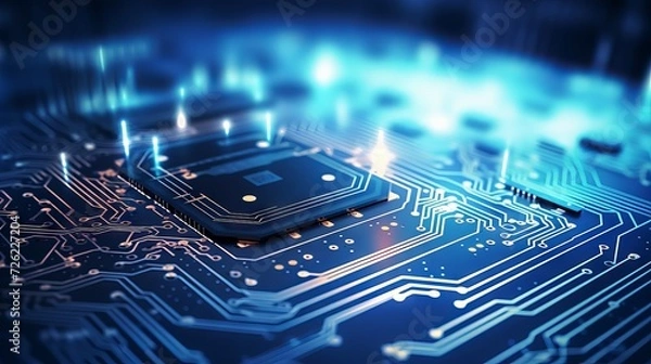 Fototapeta Abstract technological background with printed circuit board elements and bokeh effect