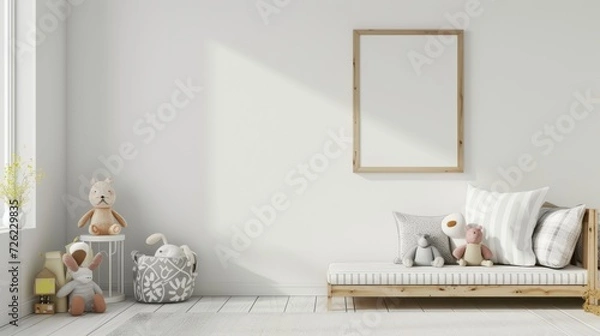 Fototapeta blank white picture frame mockup in a bright simple childrens room