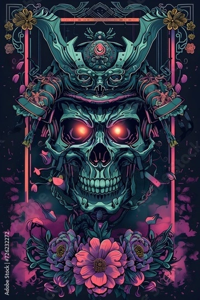 Fototapeta mockup t-shirt design that illustrates a cyborg skull onimusha commander, in a Japanese-style