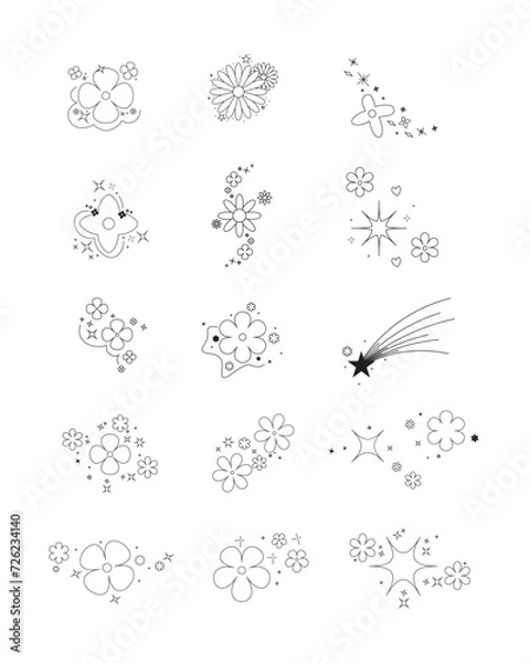 Fototapeta Simple Outlined Flower and Star Design Set