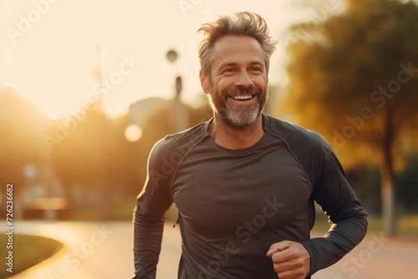Obraz Happy man jogging in the city at sunset. Sport and active life concept.