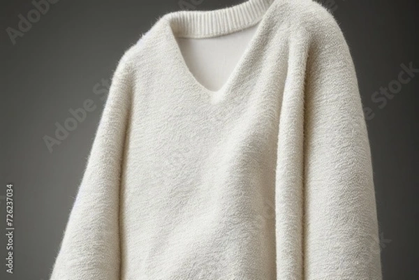 Fototapeta Soft white wool winter sweater hanging with blank backdrop. 