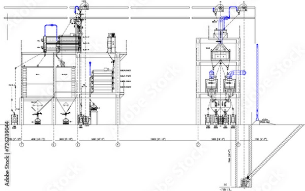 Fototapeta Vector sketch illustration of technical drawing design for erection drawing cross section Grid in factory industry