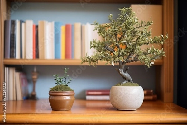Fototapeta indoor faux olive topiary next to a bookshelf