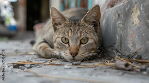 Obraz Tabby cat lying down with a watchful gaze.