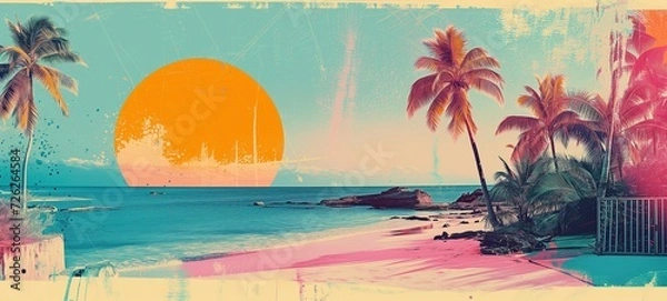 Fototapeta A vintage cut-and-paste beach scene, where a bold orange sun meets cyan skies and a teal ocean. 