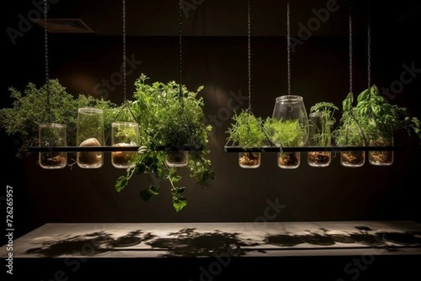 Fototapeta Indoor botanical display featuring suspended planters of aromatic herbs and spices. Generative AI