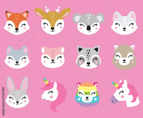 Obraz Cute baby animal faces, portraits. Fox, deer, koala, cat, racoon, unicorn, alpaca, lama, bunny. Illustration for printing on fabric, postcard, wrapping paper, book, picture, wallpaper, kid room decor