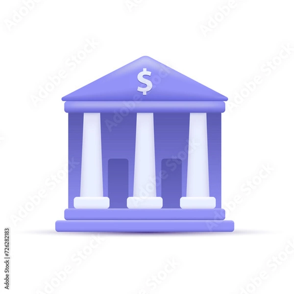 Obraz Bank Building Icon. Online Banking, Bank Service, Finance, Bank Transactions. Cartoon Minimal Style. Trendy 3D Vector Realistic Illustration.