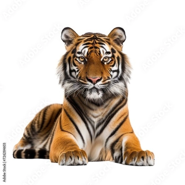 Fototapeta Malayan Tiger lying in natural pose isolated on white background, photo realistic