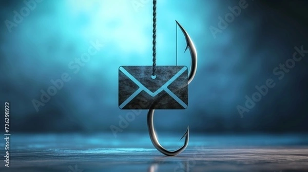 Fototapeta Phishing Awareness A conceptual image of a fishing hook disguised as an email icon, warning viewers about the dangers of falling for phishing scams and fraudulent emails
