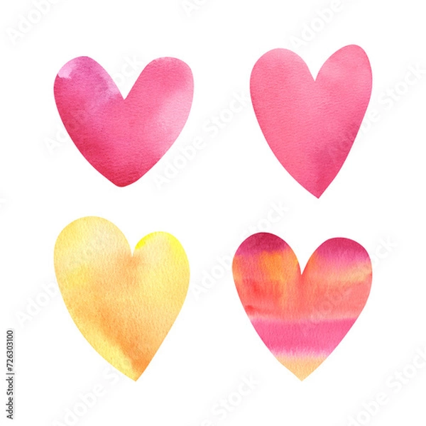 Fototapeta Watercolor hearts of different colors in a set on a white background. The illustration is hand-drawn. The holiday is Valentine's Day. Postcard, template, clipart, stickers.