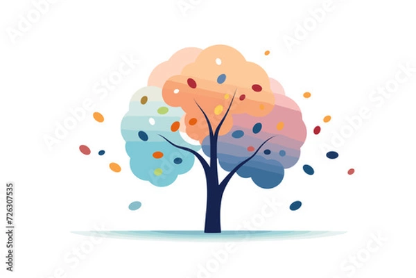 Fototapeta A dynamic vector illustration portraying a tree adorned with a multitude of colorful leaves swaying in the wind against a clean white background.
