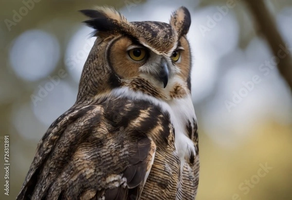 Fototapeta An Eurasian Eagle Owl staring at something out of shot in a woodland setting.