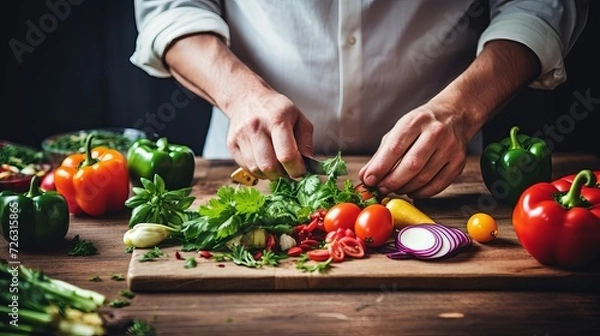 Fototapeta Top view cook cutting raw fish on cutting board vegetables on wood board lemon on table