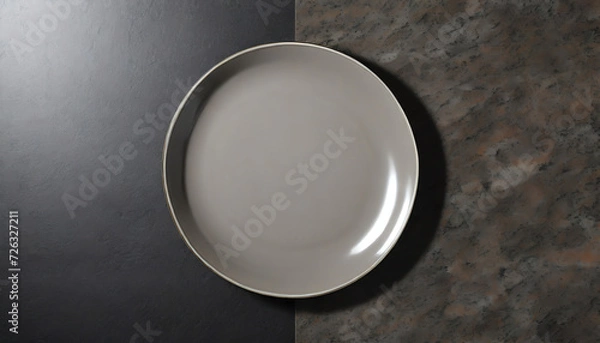 Fototapeta Top view of an empty plate on a mamorized background
