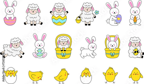 Obraz Cute Easter animals on white background in cartoon style.