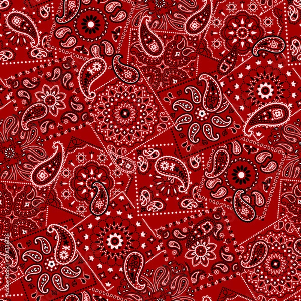 Fototapeta Red bandana kerchief paisley fabric patchwork abstract vector seamless pattern for scarf kerchief shirt fabric carpet rug tablecloth pillow