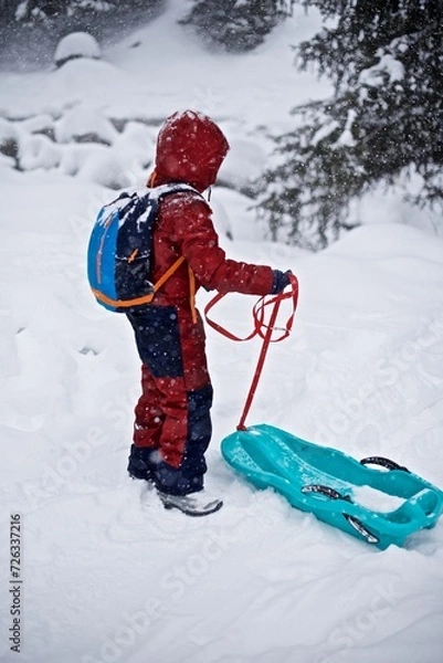 Fototapeta Portrait of a young European boy 7 - 9 years old in the warm winter jacket standing on the snowy winter background with sledge