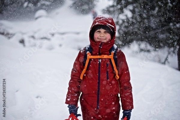 Fototapeta Portrait of a young European boy 7 - 9 years old in the warm winter jacket standing on the snowy winter background with sledge