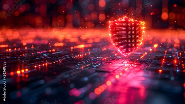 Obraz Vivid red cyber protection shield on a digital binary code background, symbolizing data security.
