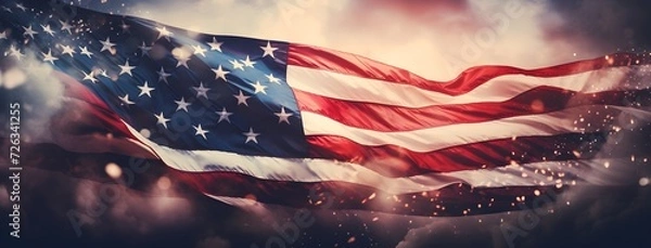 Fototapeta fireworks with the us flag on it is shown, in the style of detailed background elements, lightbox, light gold and light black, dark white and crimson, peder balke, neon grids, multilayered 