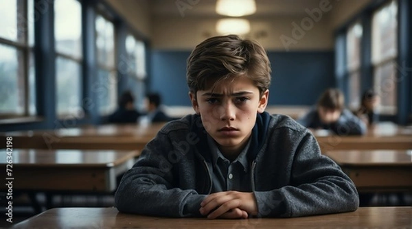 Fototapeta A sad and stressed depressed school boy victim of school bullying, alone sitting in school from Generative AI