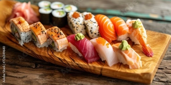 Fototapeta Abundant Sushi Platter on Wooden Plate