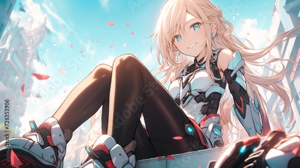 Fototapeta Blonde anime character sitting down while wearing an advanced combat suit.