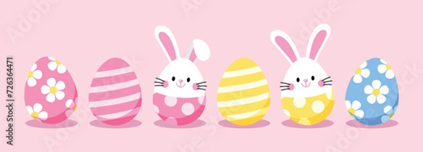 Obraz Easter eggs patterns and white rabbit, bunny. Cute colorful cartoon design for holidays decoration, greeting card, poster, banner.Vector illustration EPS.