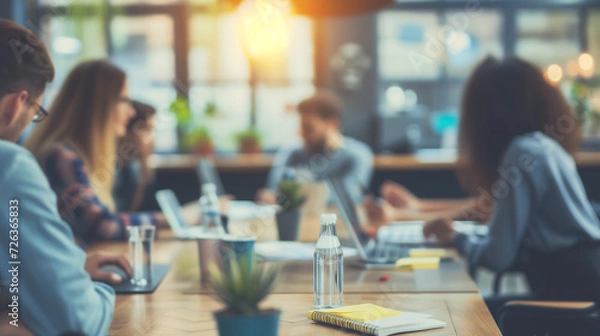 Fototapeta Blurred individuals in casual attire within a business office, set against a background of blurred bokeh