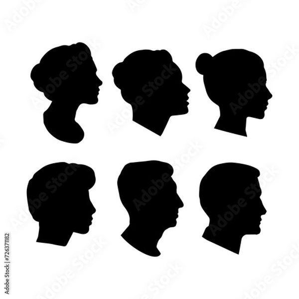 Fototapeta Set of silhouettes of people's heads. Vector silhouettes of women and men depicted in profile. Isolated background EPS 10.