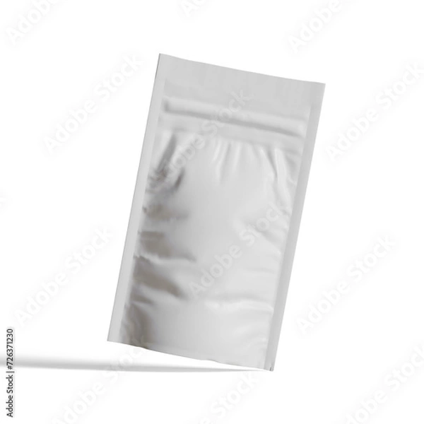 Fototapeta Blank white aluminium foil plastic pouch bag sachet packaging mockup isolated on white background, 3D rendering