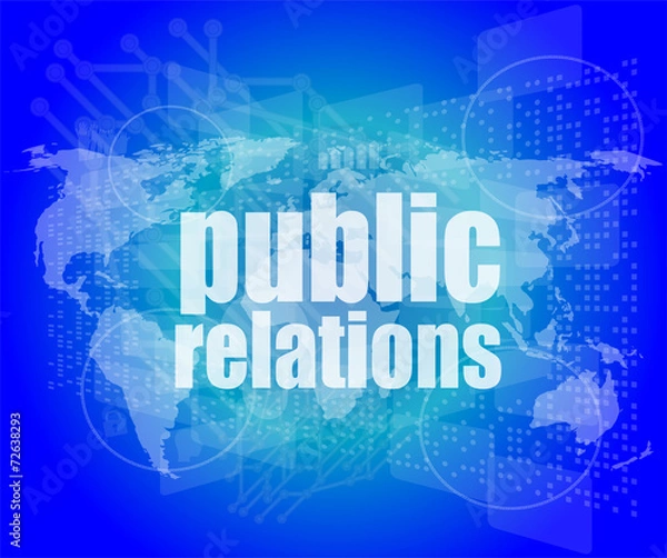 Fototapeta social concept: public relations words on digital screen, 3d