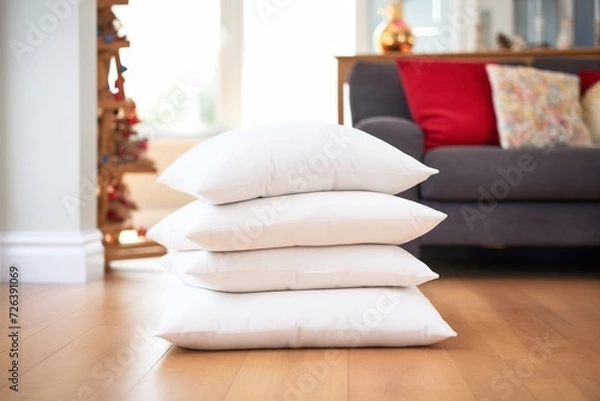 Fototapeta a pile of fluffy white cushions on a carpeted floor
