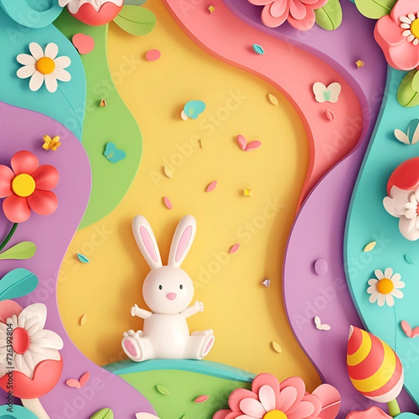 Obraz easter bunny with easter eggs, colorful illustration, 3D design, generative ai
