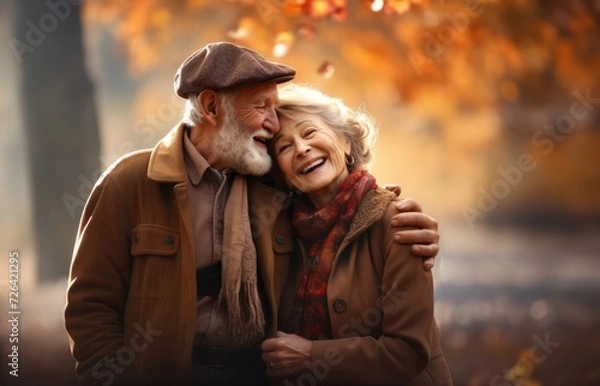 Fototapeta In this enchanting scene, a romantic elderly couple cherishes their golden days amid the natural beauty of an autumnal atmosphere.Generated image