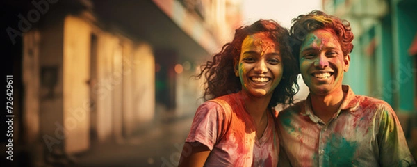 Fototapeta A young couple poses for a photo booth picture with colorful paint splattering their faces and arms. Fictional Character Created by Generated AI.