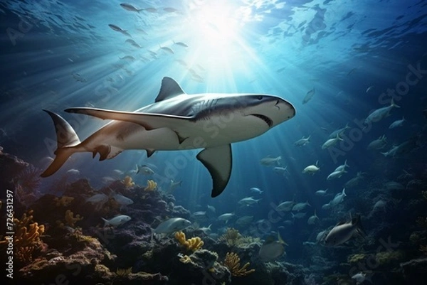 Fototapeta Hammerhead shark approaching prey in ocean coral reef with rays of light. Generative AI