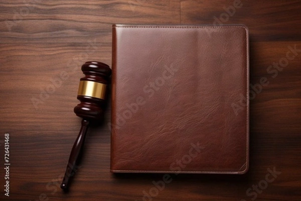 Fototapeta Wooden gavel and leather folder on brown wooden background. Generative AI