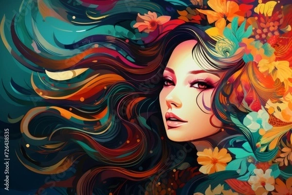 Fototapeta Abstract background  APAHM, asian or pacific woman with background of asian and tropical colors and patterns 