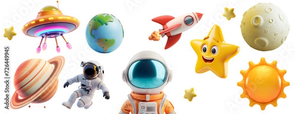 Fototapeta Minimal Style Illustration of Glossy Cute Children Objects: 3D Realistic Cartoon Space Elements Set - Rocket, UFO, Astronaut, Star, Planet, Sun, Earth, Isolated on Transparent Background, PNG