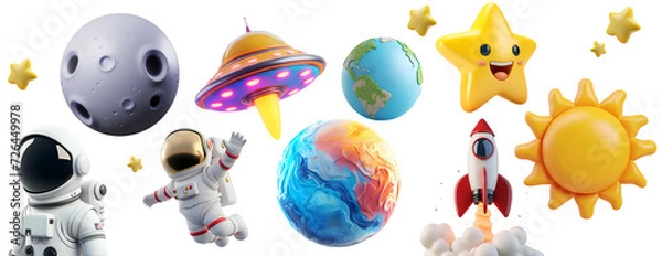 Fototapeta Illustration of 3D Realistic Cartoon Space Elements Set: Rocket, UFO, Astronaut, Star, Planet, Sun, Earth, Moon. Glossy Cute Children Objects, Isolated on Transparent Background, PNG