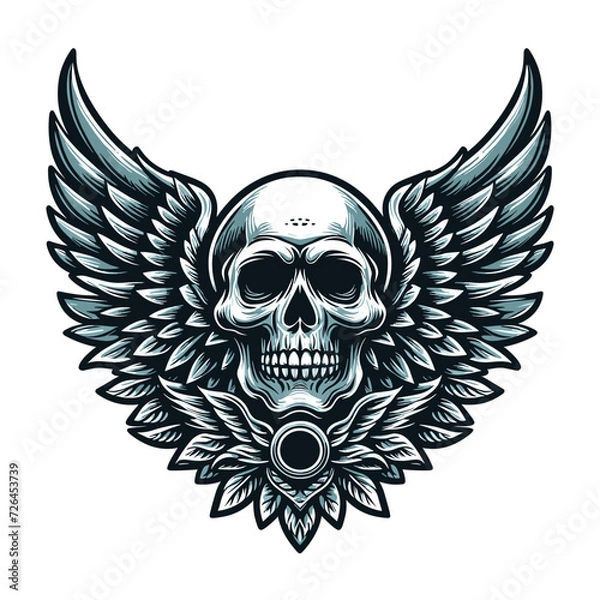 Fototapeta Skull wings vector illustration, winged skull badge emblem template suitable for apparel t-shirt, poster, motorbike club logo, tattoo. Design isolated on white background
