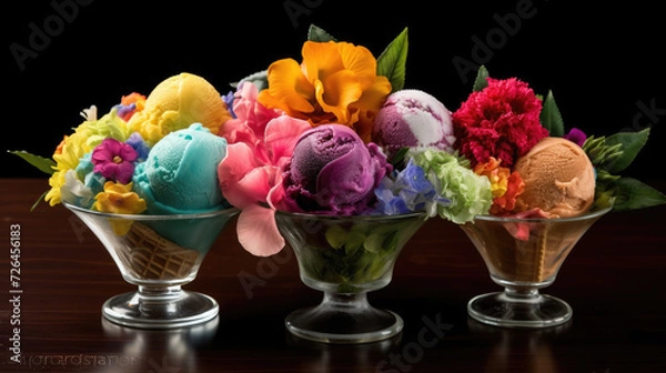 Obraz Ice Cream Balls and Flowers in Three Bowls on a Wooden Table - Generative AI