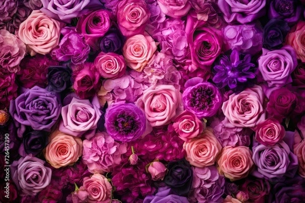 Fototapeta Colorful flower backdrop with purple and violet roses